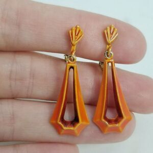 Vintage Orange Enamel Dangle Clip On Earrings, Retro 70s Style, Estate